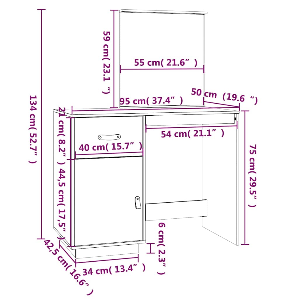 vidaXL Toaletka, szara, 95x50x134 cm, lite drewno sosnowe