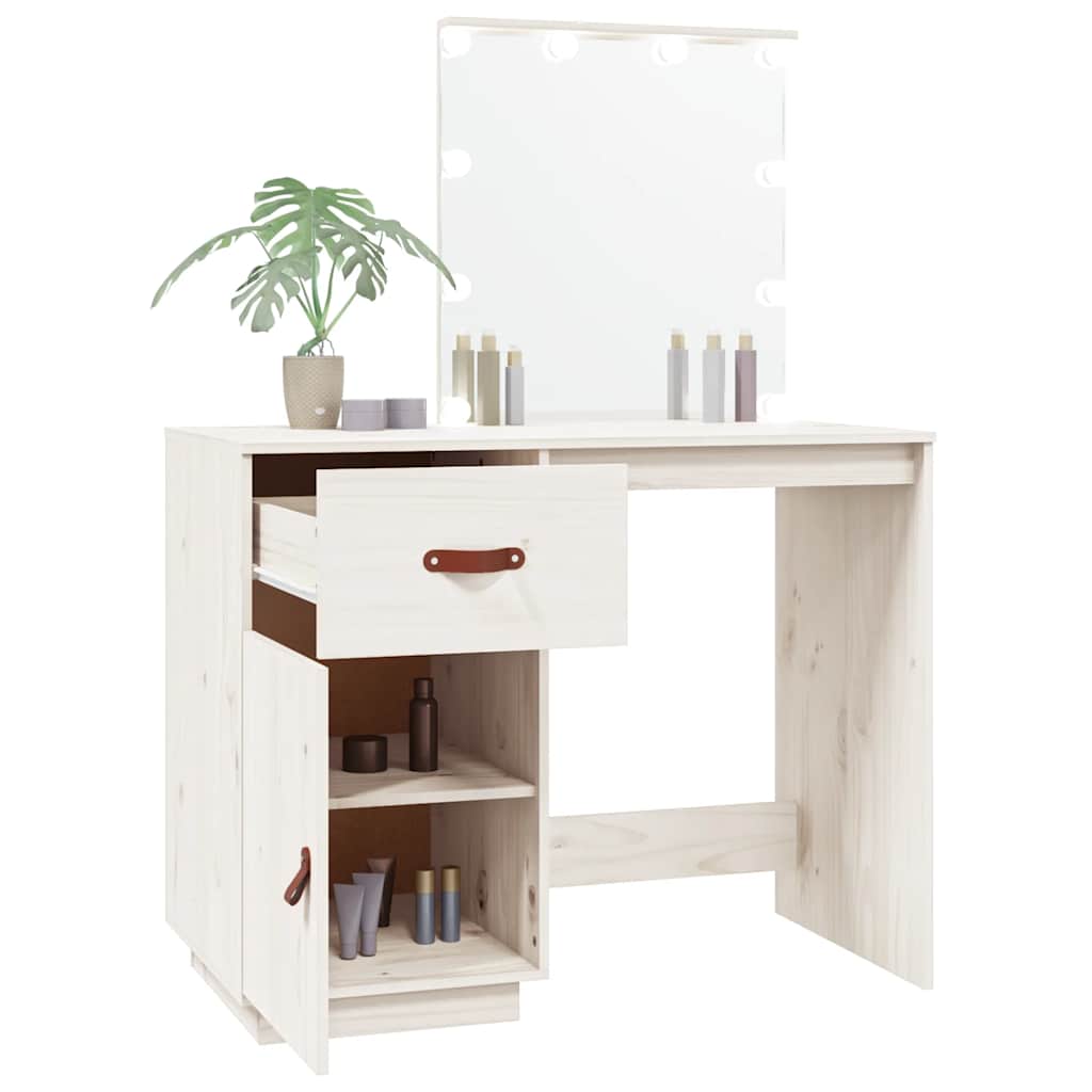 vidaXL Toaletka z LED, vit, 95x50x133,5 cm, lite drewno sosnowe