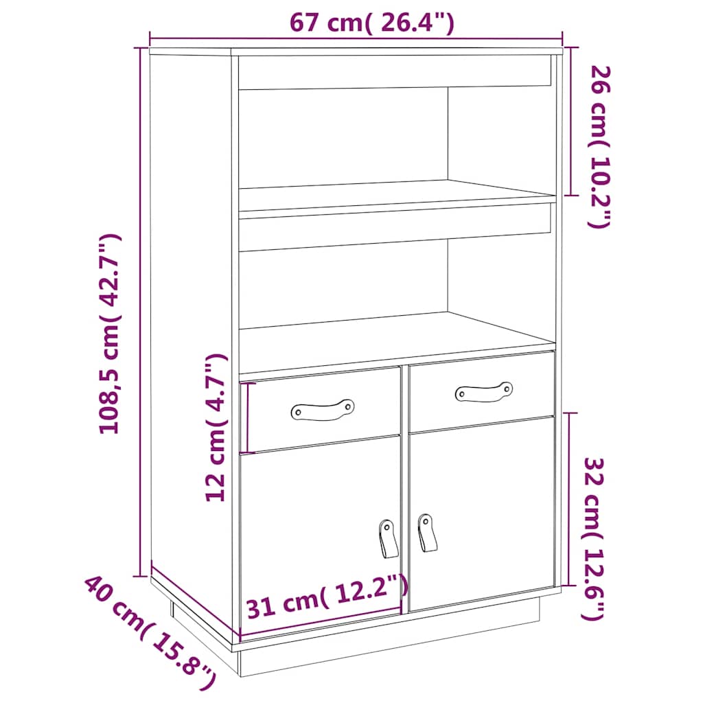 vidaXL Kredens, czarny, 67x40x108,5 cm, lite drewno sosnowe