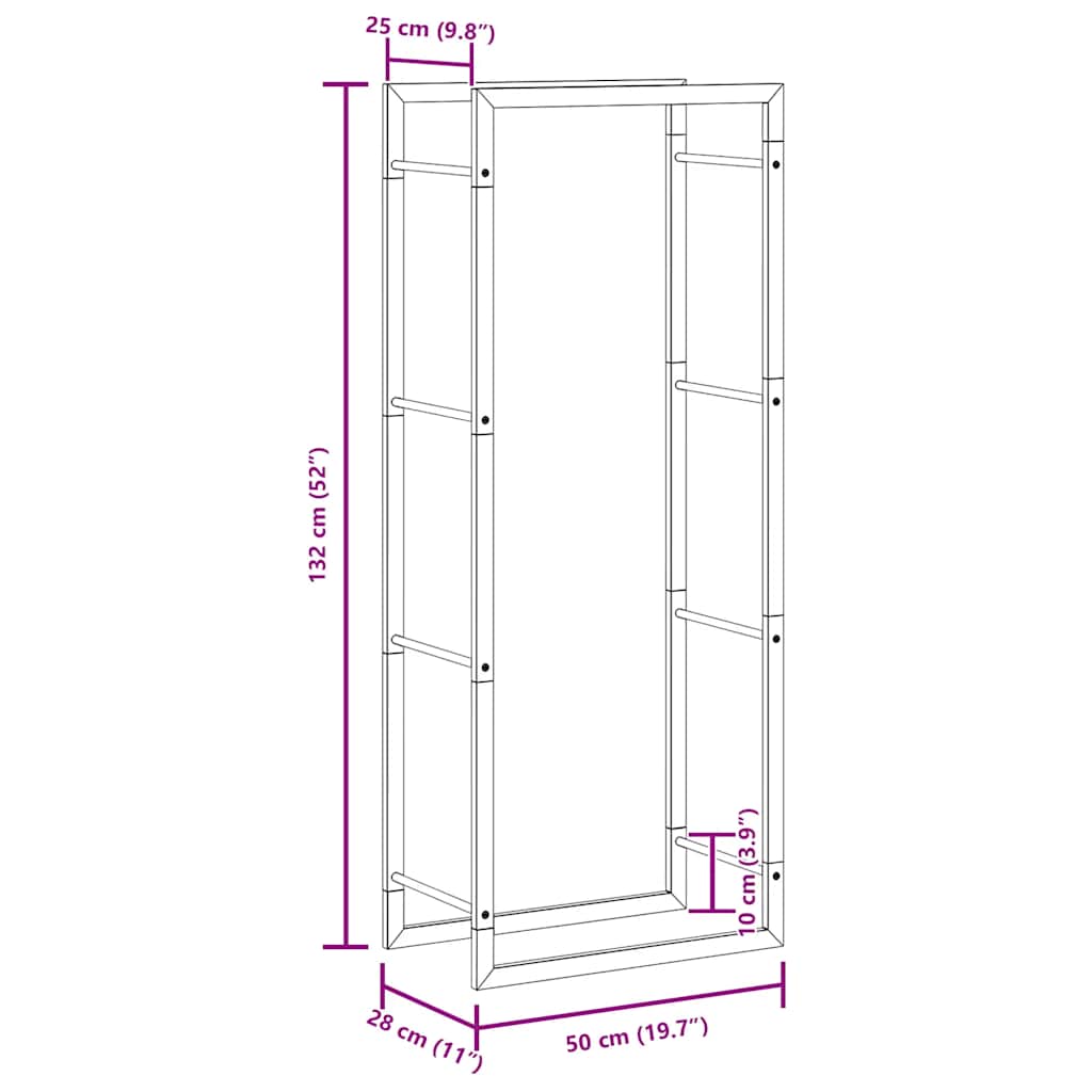 vidaXL Stojak na drewno, matowy czarny, 50x28x132 cm, stalowy