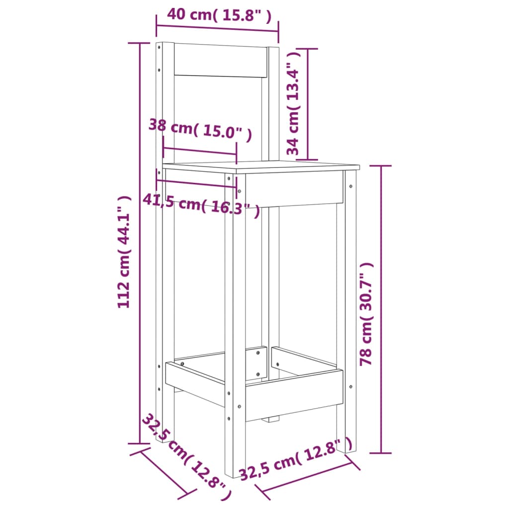 vidaXL Stołki barowe, 2 szt., 40x41,5x112 cm, lite drewno sosnowe