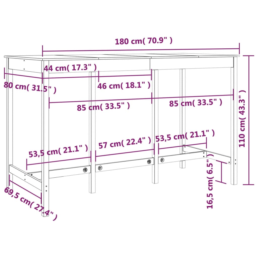 vidaXL Stolik barowy, 180x80x110 cm, lite drewno sosnowe