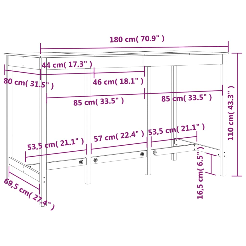 vidaXL Stolik barowy, biały, 180x80x110 cm, lite drewno sosnowe