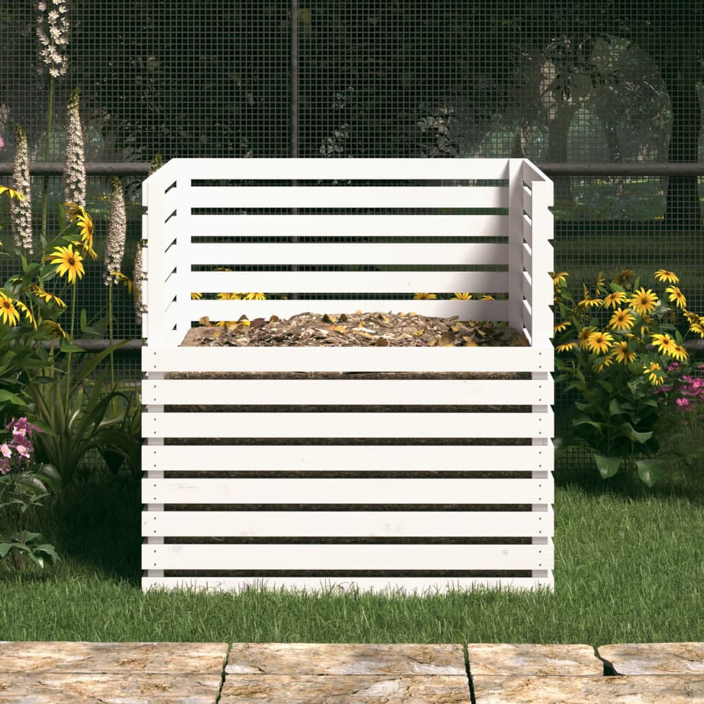 vidaXL Kompostownik, biały, 100x100x102 cm, lite drewno sosnowe