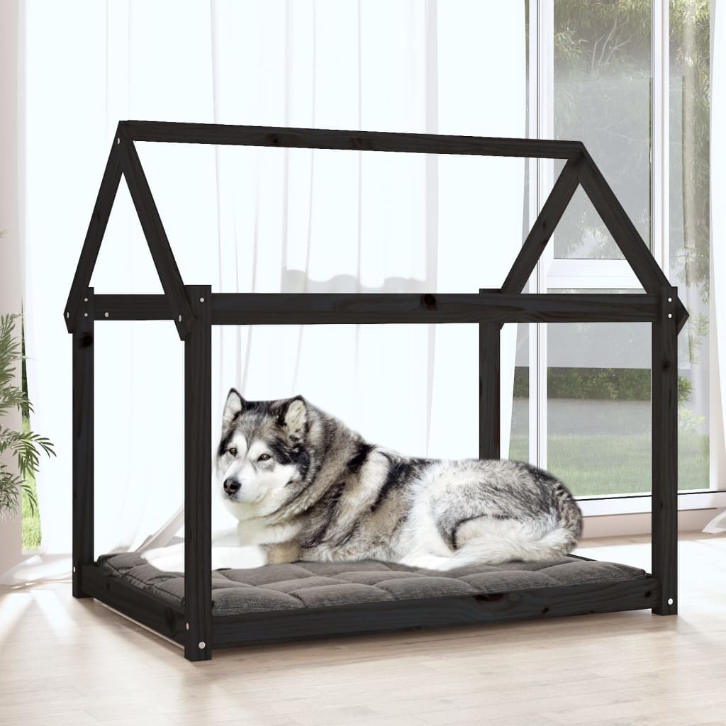 vidaXL Legowisko dla psa, czarne, 111x80x100cm, lite drewno sosnowe