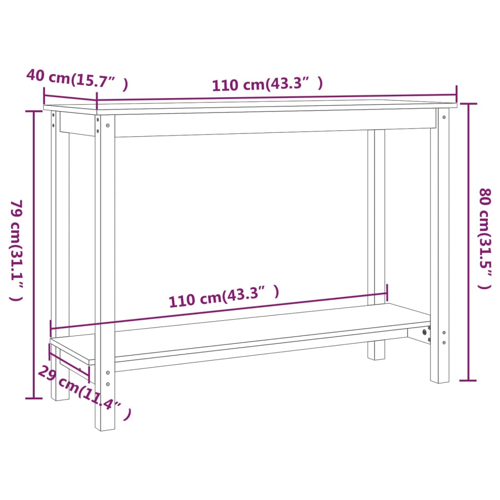 vidaXL Stolik konsolowy, 110x40x80 cm, lite drewno sosnowe