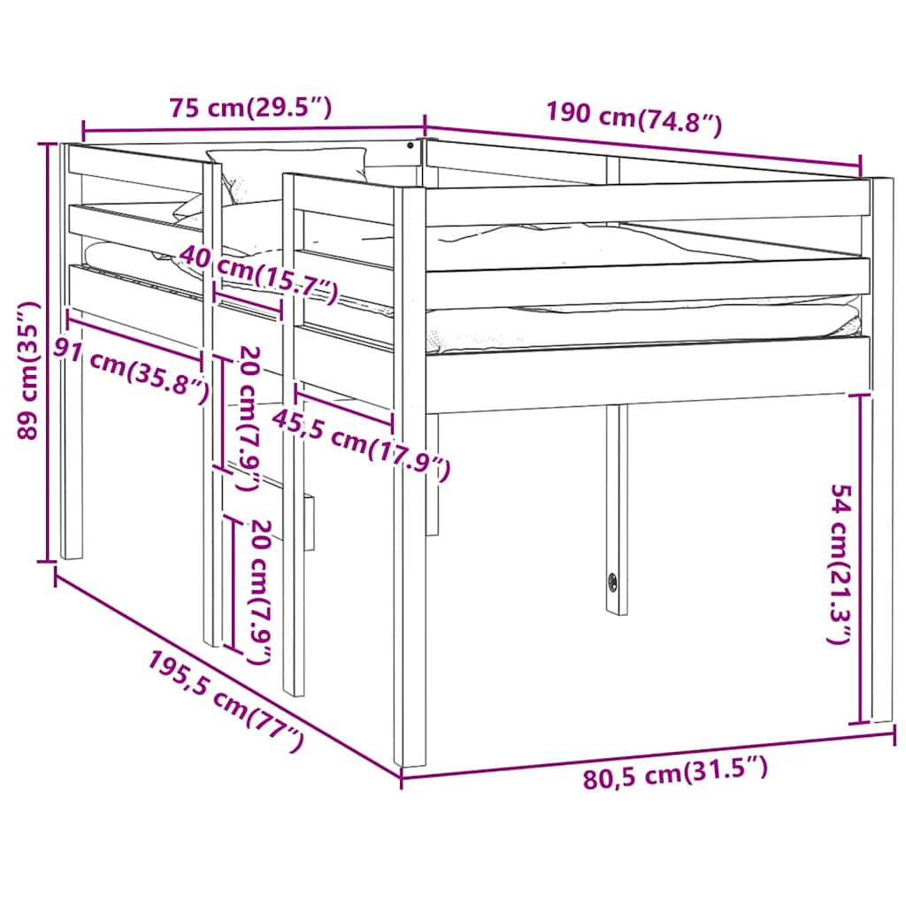 vidaXL Wysokie łóżko, białe, 75x190 cm, lite drewno sosnowe