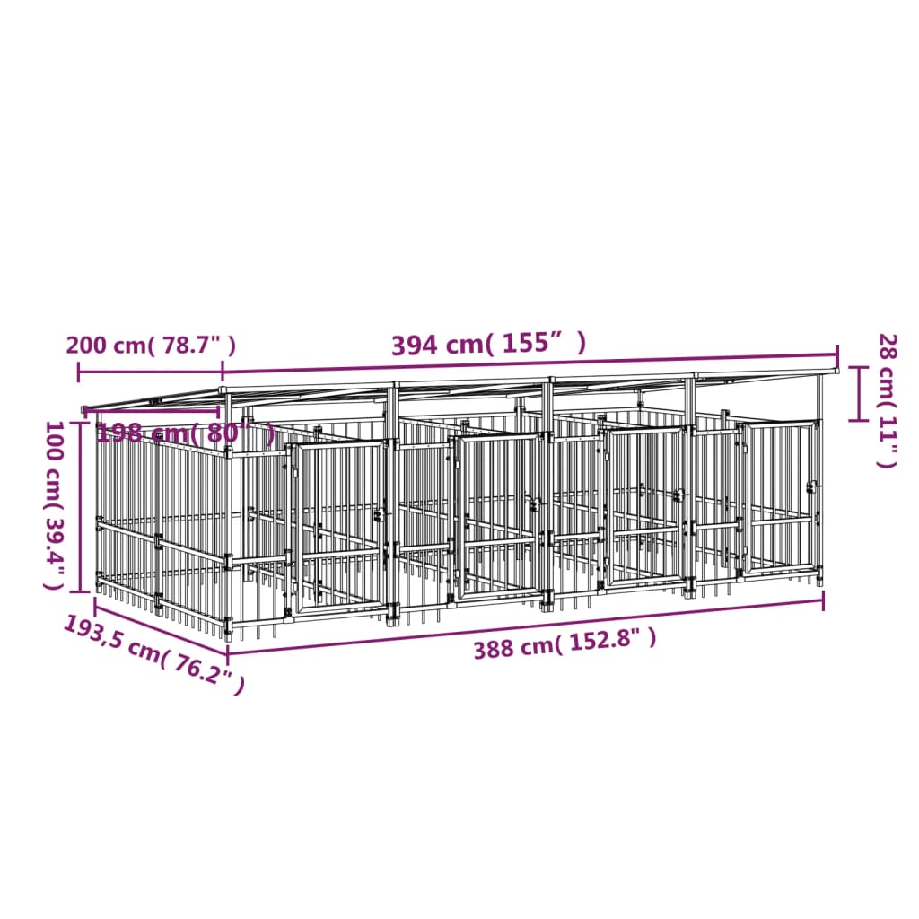 vidaXL Kojec dla psa z zadaszeniem, stalowy, 7,51 m²