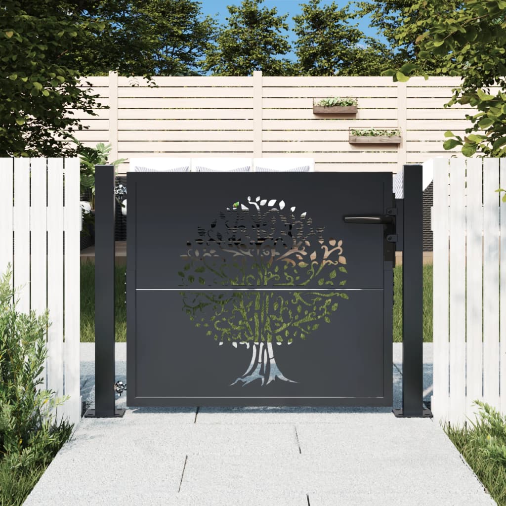 vidaXL Furtka ogrodowa, antracytowa, 100x75 cm, stal, motyw drzewa