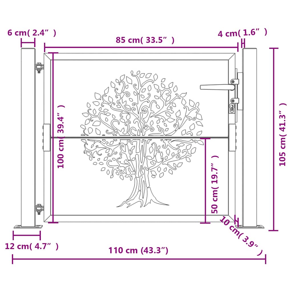 vidaXL Furtka ogrodowa, antracytowa, 100x100 cm, stal, motyw drzewa