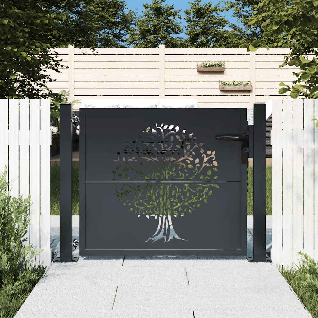 vidaXL Furtka ogrodowa, antracytowa, 100x100 cm, stal, motyw drzewa
