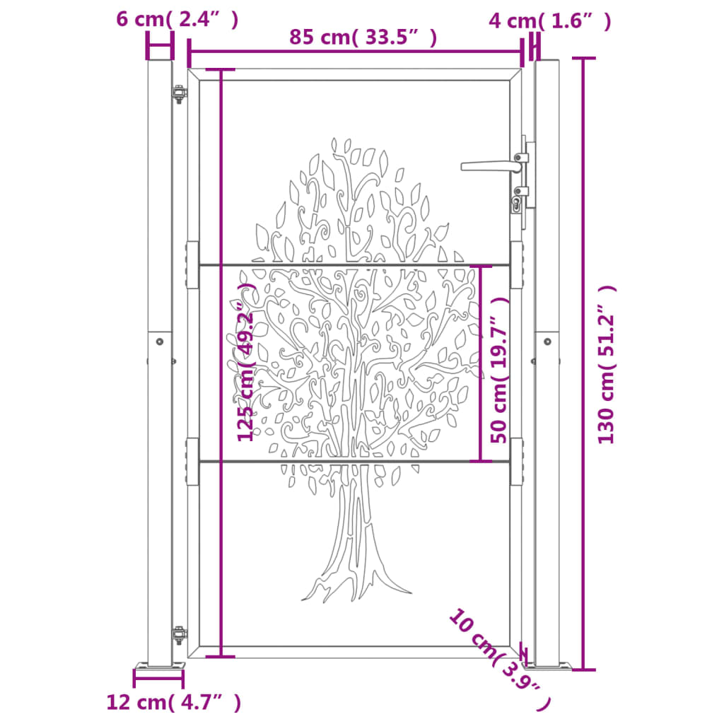 vidaXL Furtka ogrodowa, antracytowa, 100x125 cm, stal, motyw drzewa