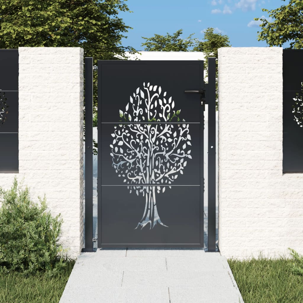 vidaXL Furtka ogrodowa, antracytowa, 100x125 cm, stal, motyw drzewa