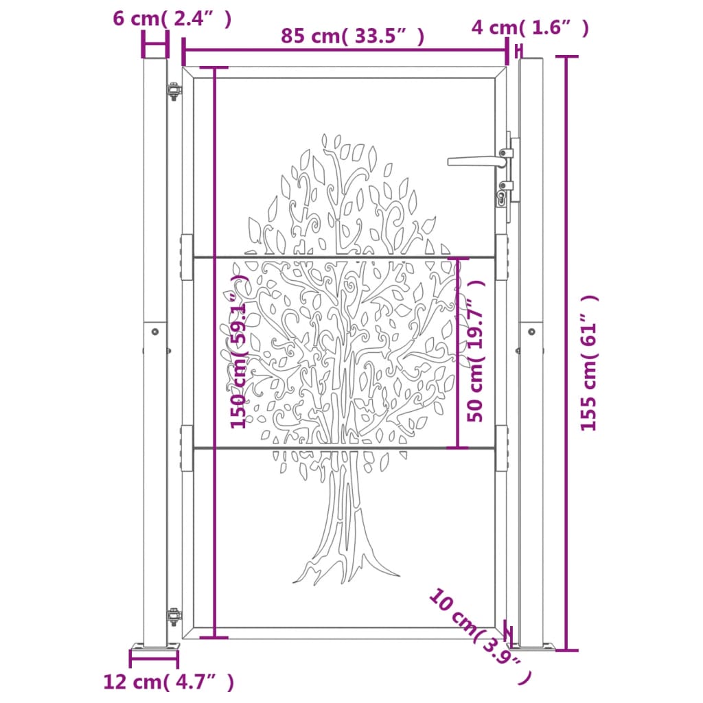 vidaXL Furtka ogrodowa, antracytowa, 100x150 cm, stal, motyw drzewa