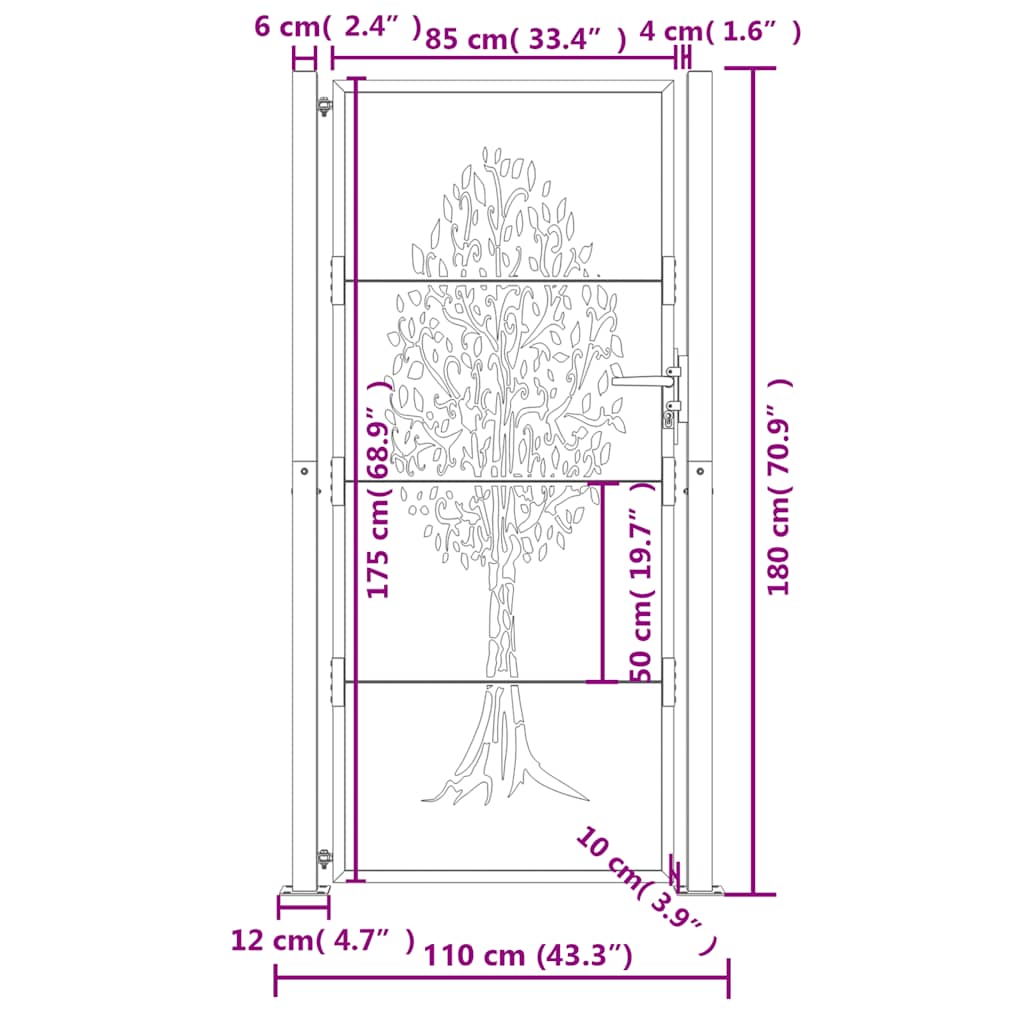 vidaXL Furtka ogrodowa, antracytowa, 100x175 cm, stal, motyw drzewa