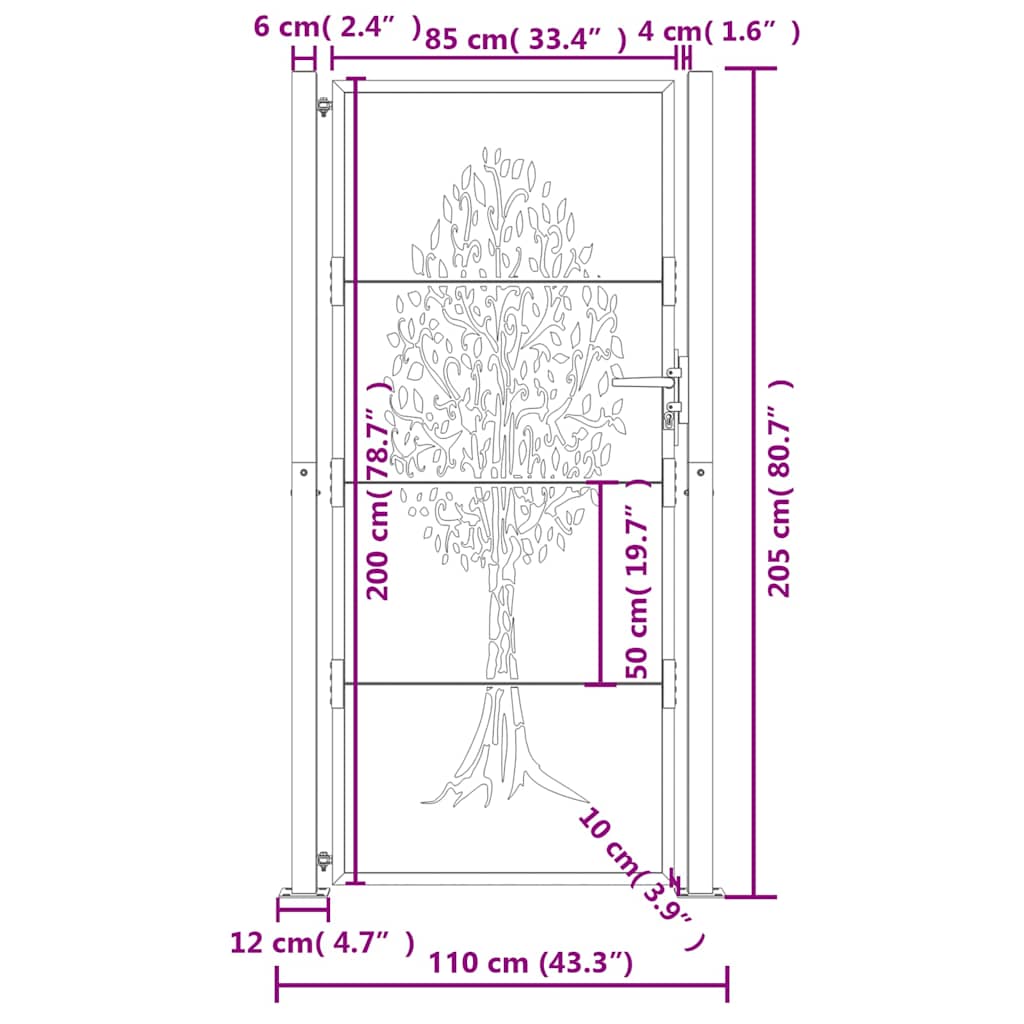vidaXL Furtka ogrodowa, antracytowa, 100x200 cm, stal, motyw drzewa
