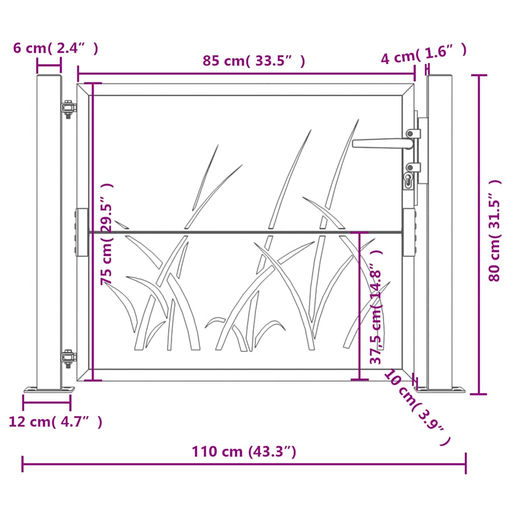 vidaXL Furtka ogrodowa, antracytowa, 100x75 cm, stal, motyw trawy