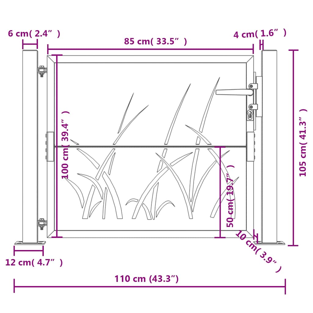 vidaXL Furtka ogrodowa, antracytowa, 100x100 cm, stal, motyw trawy