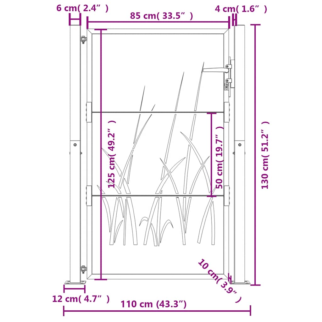 vidaXL Furtka ogrodowa, antracytowa, 100x125 cm, stal, motyw trawy