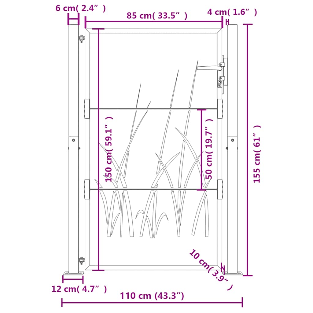 vidaXL Furtka ogrodowa, antracytowa, 100x150 cm, stal, motyw trawy