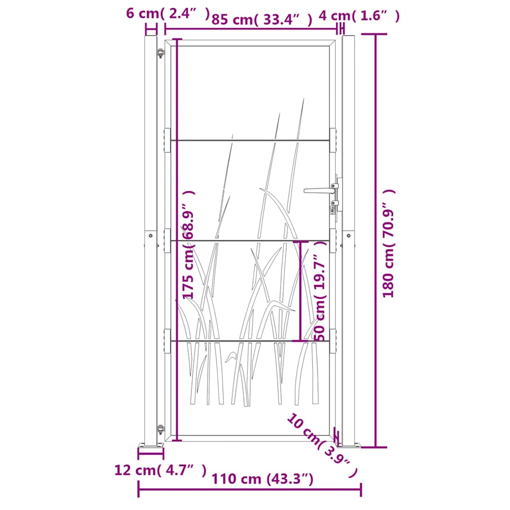vidaXL Furtka ogrodowa, antracytowa, 100x175 cm, stal, motyw trawy