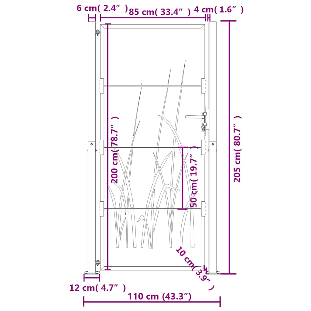 vidaXL Furtka ogrodowa, antracytowa, 100x200 cm, stal, motyw trawy