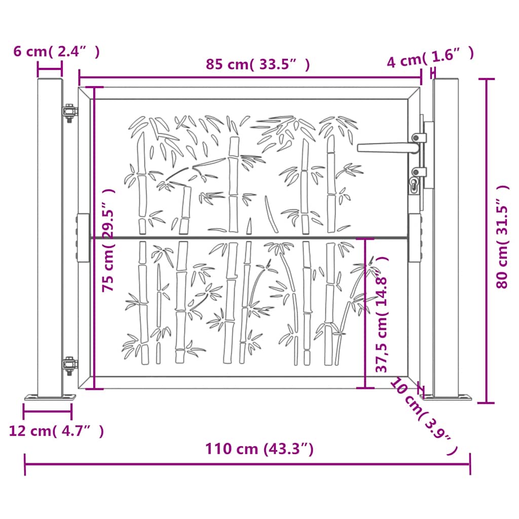 vidaXL Furtka ogrodowa, antracytowa, 100x75 cm, stal, motyw bambusa
