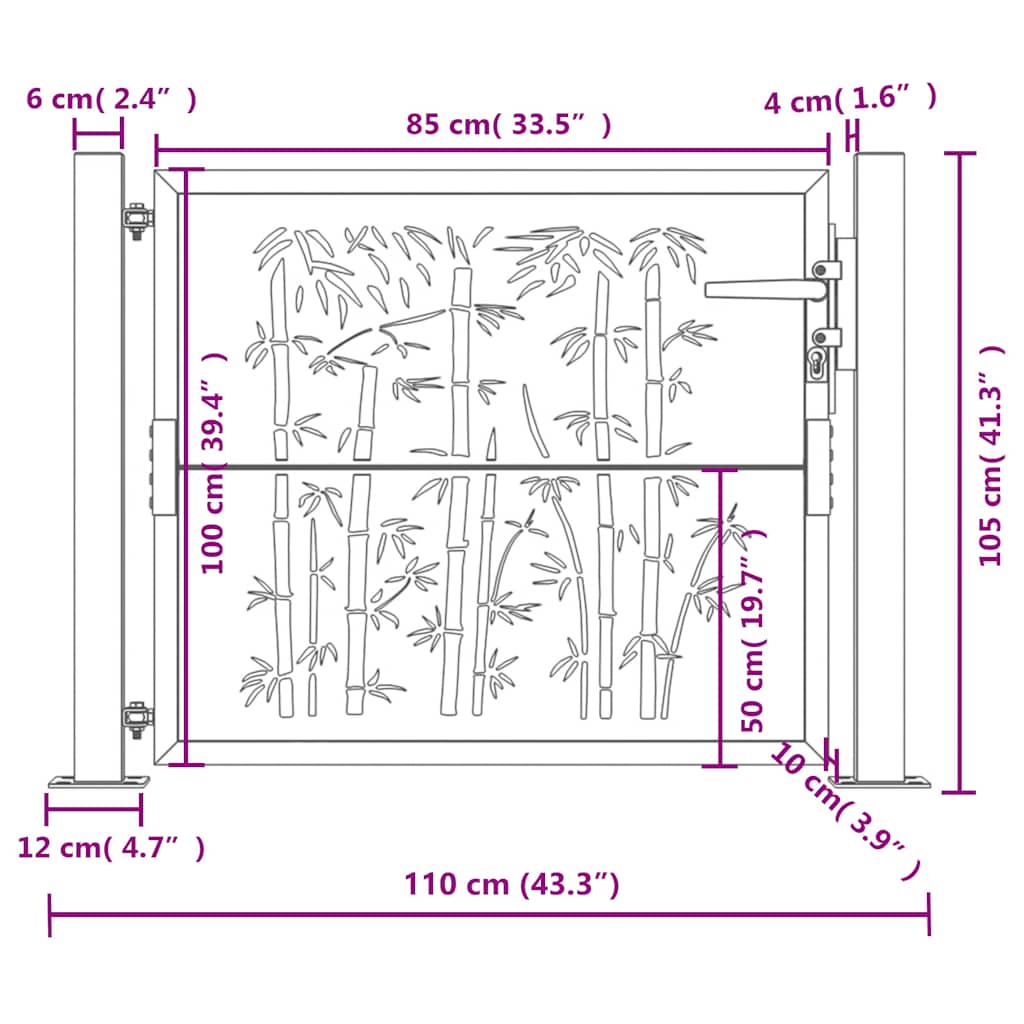 vidaXL Furtka ogrodowa, antracytowa, 100x100 cm, stal, motyw bambusa