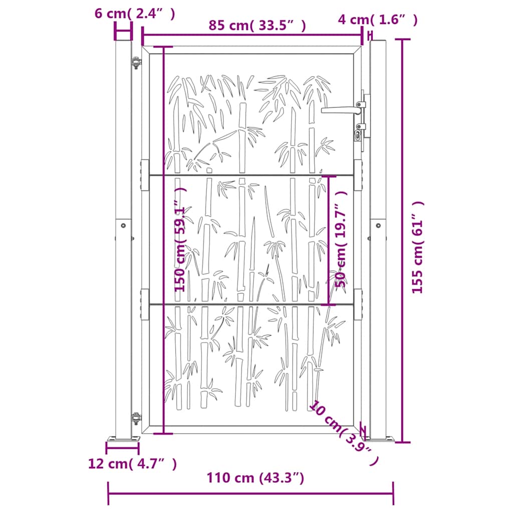 vidaXL Furtka ogrodowa, antracytowa, 100x150 cm, stal, motyw bambusa