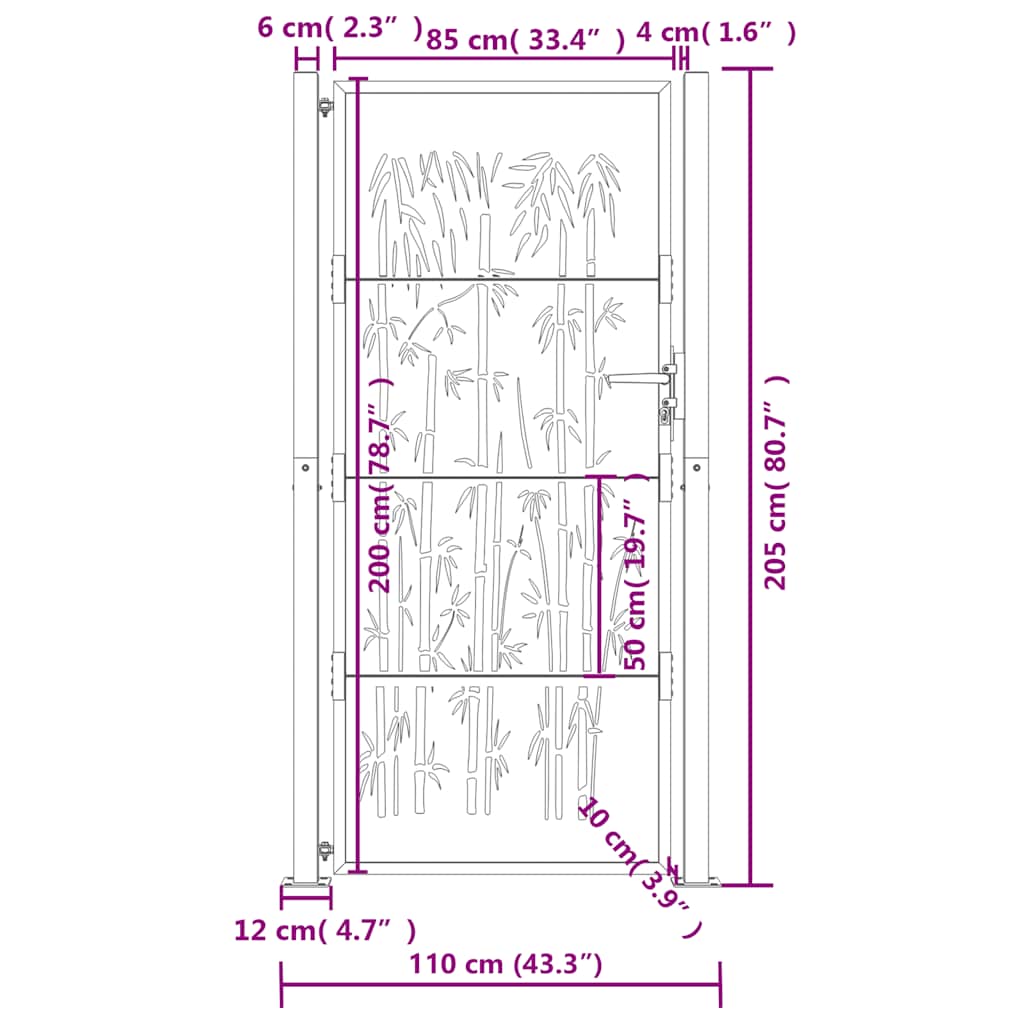 vidaXL Furtka ogrodowa, antracytowa, 100x200 cm, stal, motyw bambusa