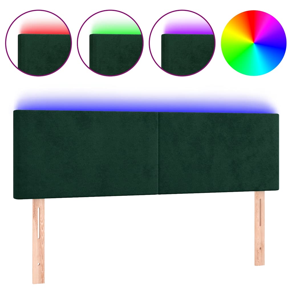 vidaXL Zagłówek do łóżka z LED, ciemnozielony, 144x5x78/88 cm, aksamit