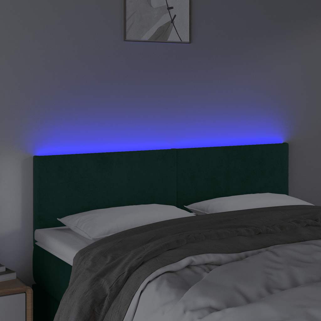 vidaXL Zagłówek do łóżka z LED, ciemnozielony, 144x5x78/88 cm, aksamit