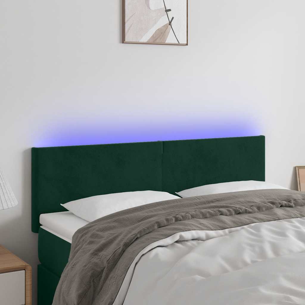 vidaXL Zagłówek do łóżka z LED, ciemnozielony, 144x5x78/88 cm, aksamit