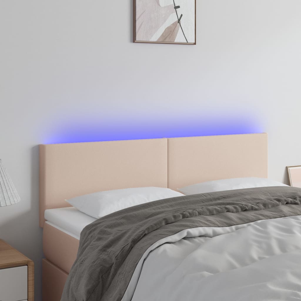 vidaXL Zagłówek do łóżka z LED, cappuccino, 144x5x78/88 cm, ekoskóra