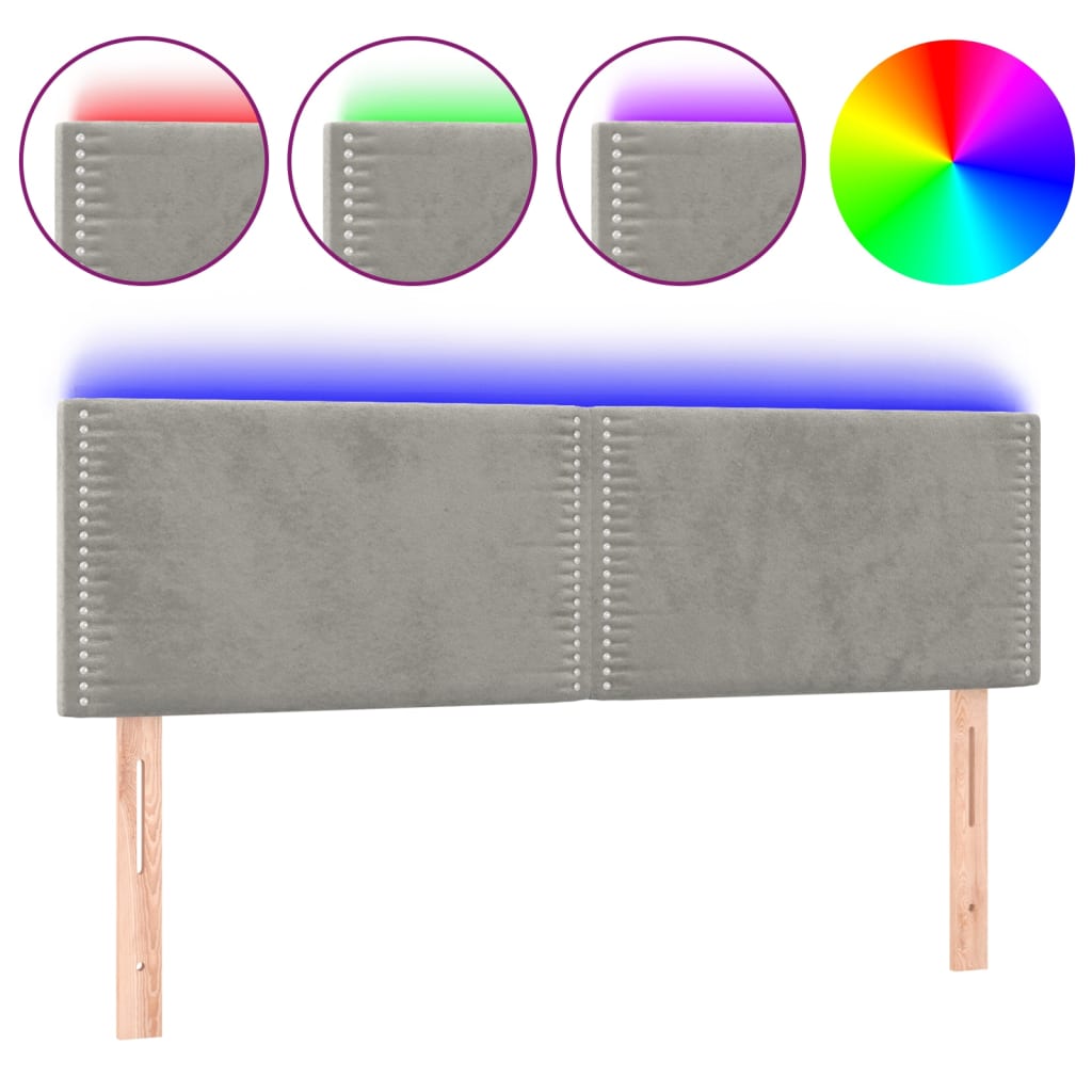 vidaXL Zagłówek do łóżka z LED, jasnoszary, 144x5x78/88 cm, aksamit