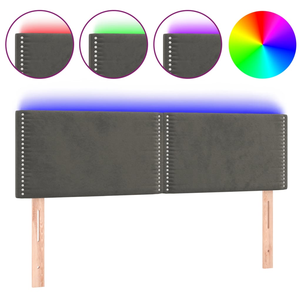vidaXL Zagłówek do łóżka z LED, ciemnoszary, 144x5x78/88 cm, aksamit