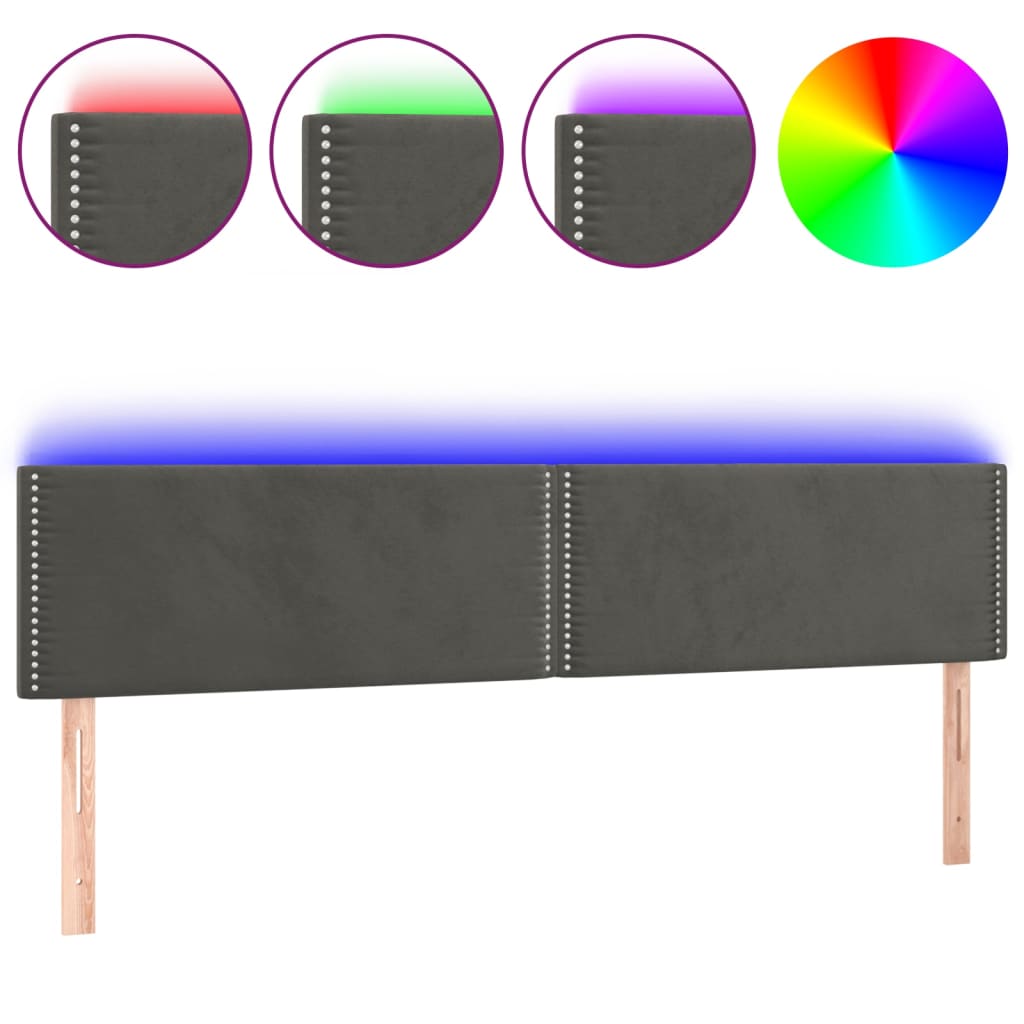 vidaXL Zagłówek do łóżka z LED, ciemnoszary, 180x5x78/88 cm, aksamit