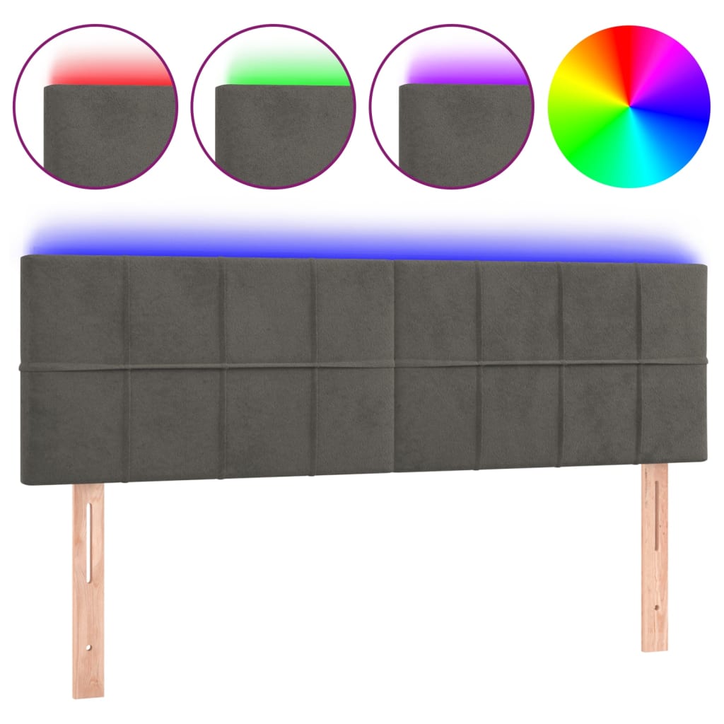 vidaXL Zagłówek do łóżka z LED, ciemnoszary, 144x5x78/88 cm, aksamit