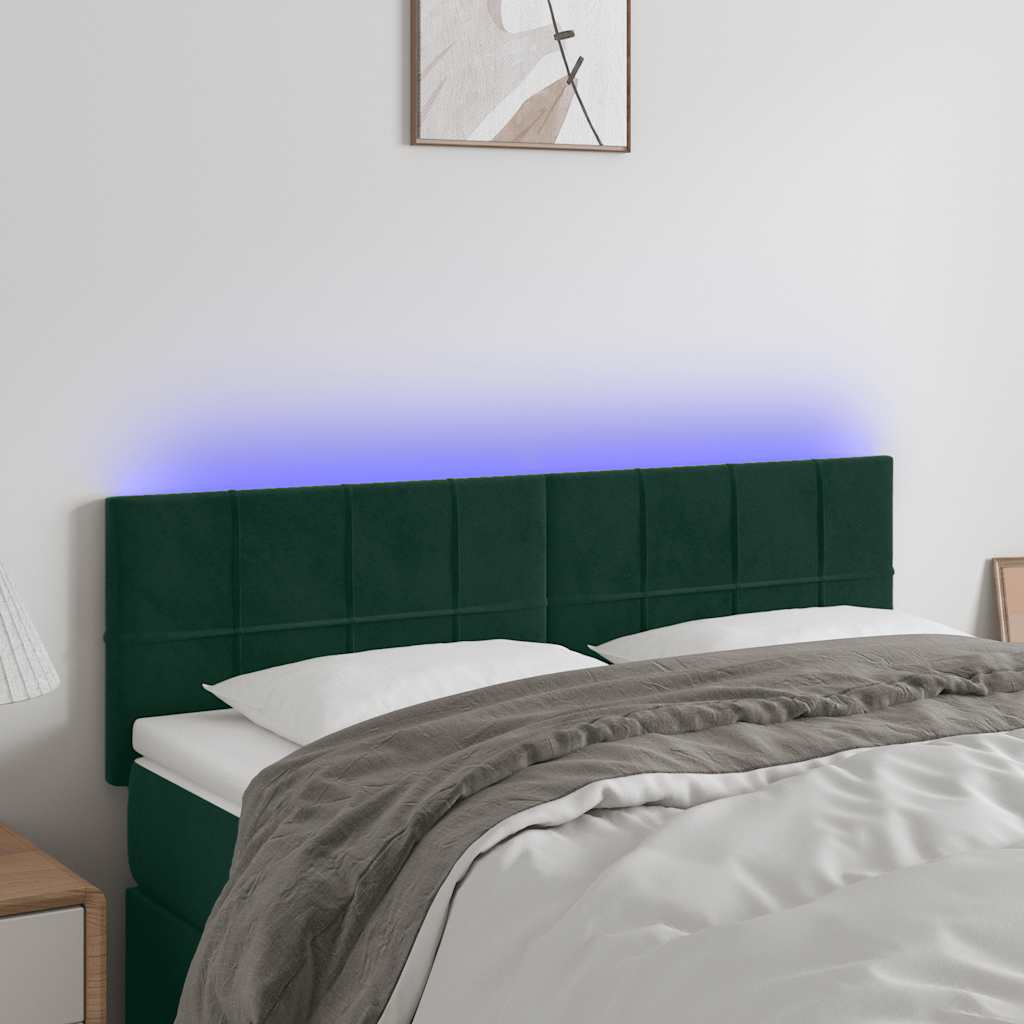 vidaXL Zagłówek do łóżka z LED, ciemnozielony, 144x5x78/88 cm, aksamit