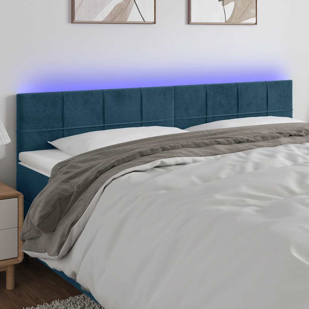 vidaXL Zagłówek do łóżka z LED, ciemnoniebieski 160x5x78/88cm, aksamit