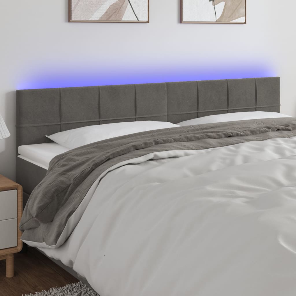 vidaXL Zagłówek do łóżka z LED, ciemnoszary, 200x5x78/88 cm, aksamit