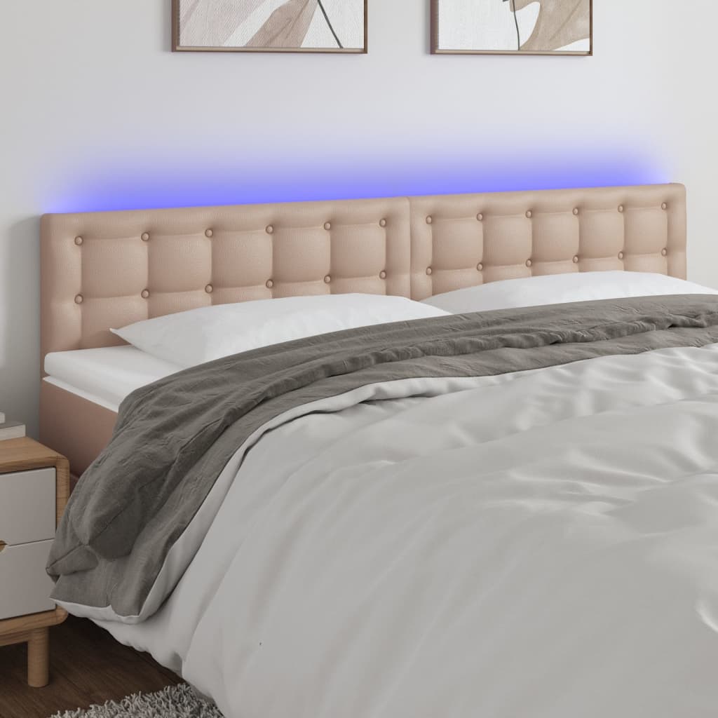 vidaXL Zagłówek do łóżka z LED, cappuccino, 200x5x78/88 cm, ekoskóra