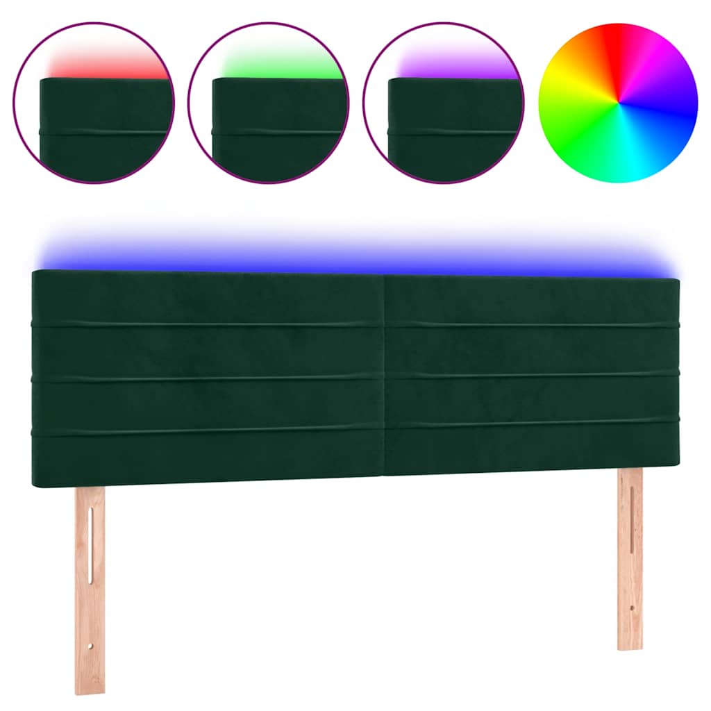 vidaXL Zagłówek do łóżka z LED, ciemnozielony, 144x5x78/88 cm, aksamit