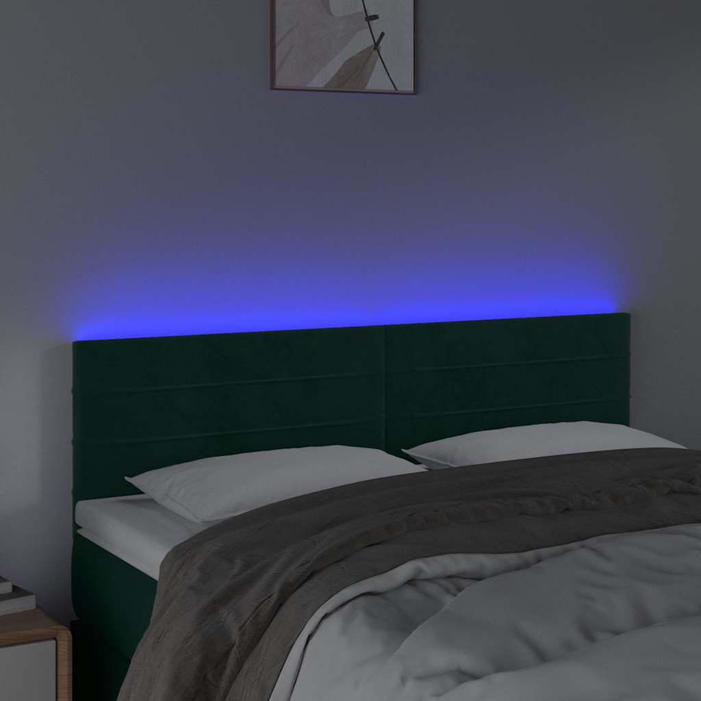 vidaXL Zagłówek do łóżka z LED, ciemnozielony, 144x5x78/88 cm, aksamit