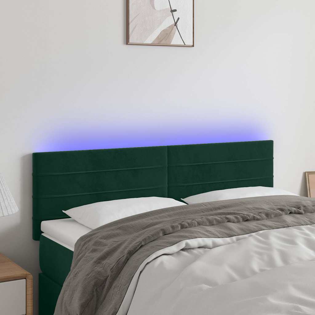 vidaXL Zagłówek do łóżka z LED, ciemnozielony, 144x5x78/88 cm, aksamit