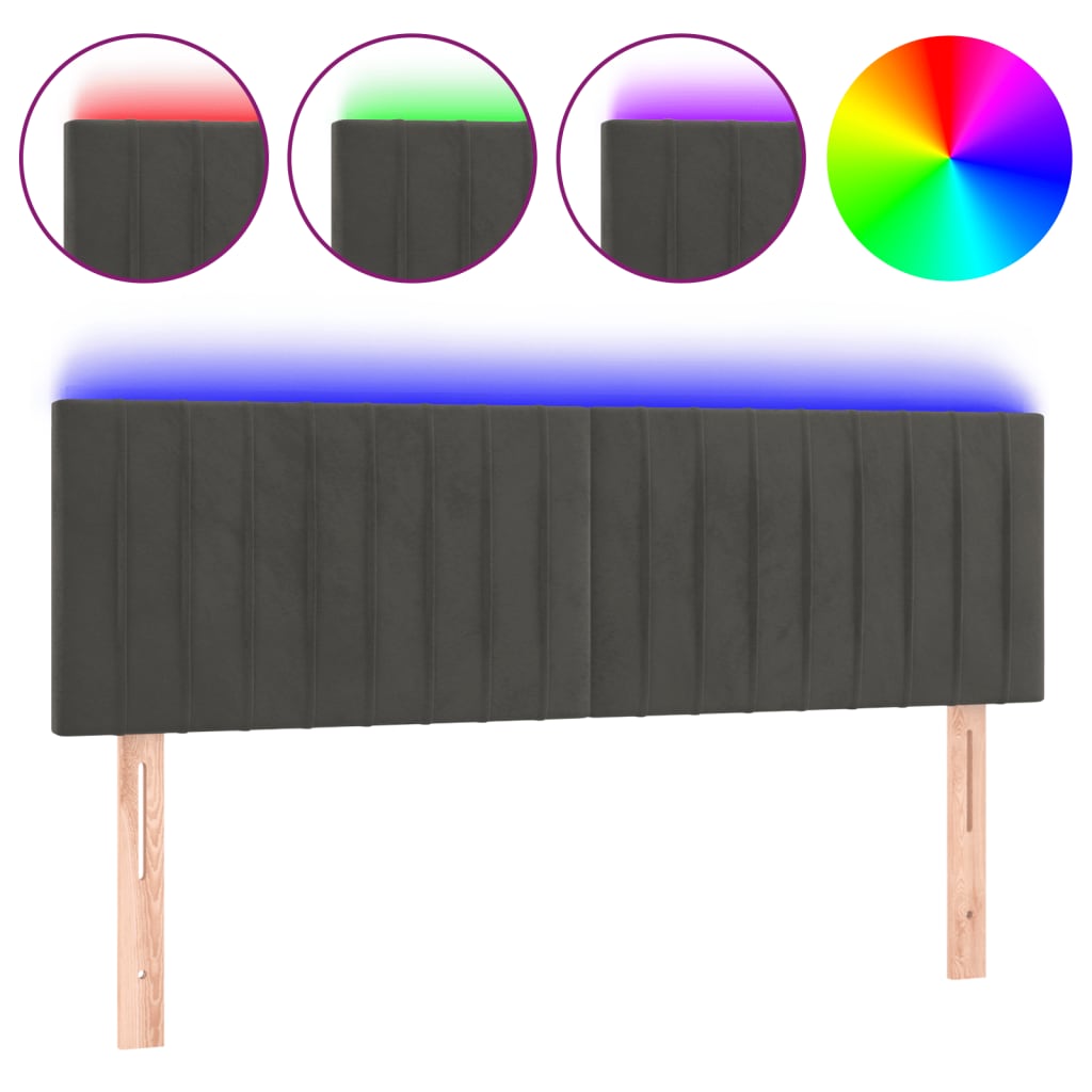 vidaXL Zagłówek do łóżka z LED, ciemnoszary, 144x5x78/88 cm, aksamit