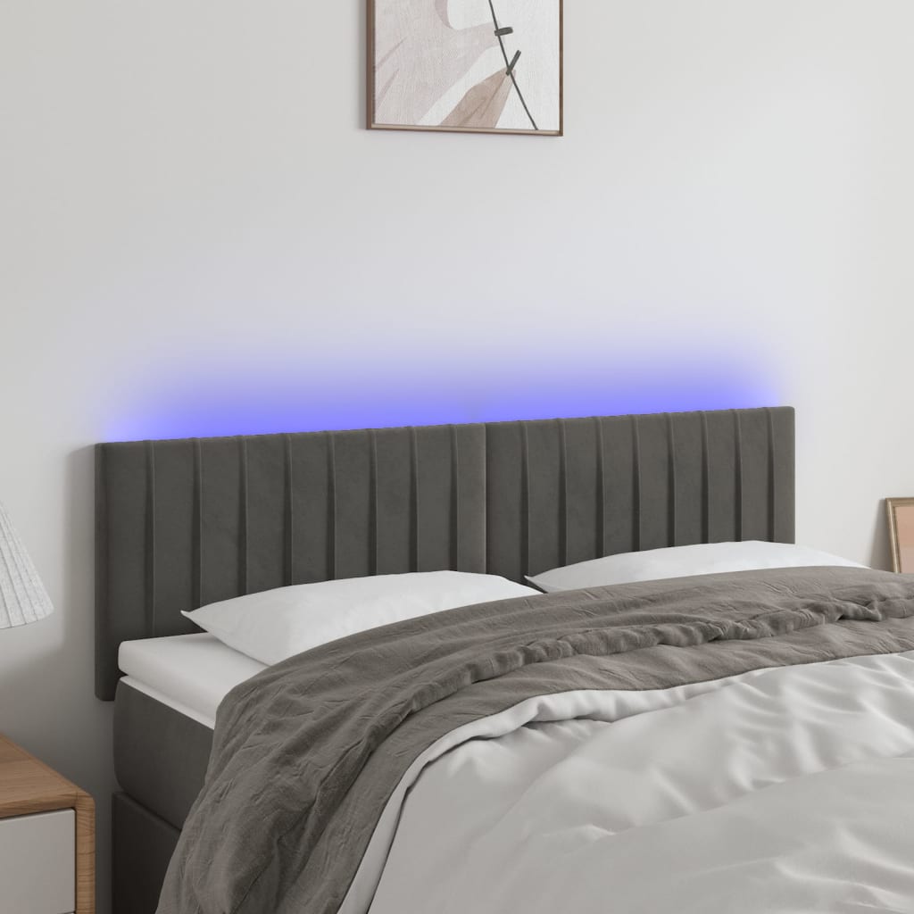 vidaXL Zagłówek do łóżka z LED, ciemnoszary, 144x5x78/88 cm, aksamit
