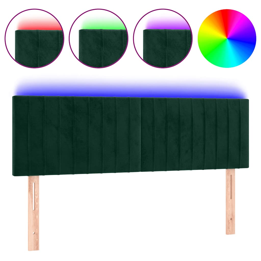vidaXL Zagłówek do łóżka z LED, ciemnozielony, 144x5x78/88 cm, aksamit