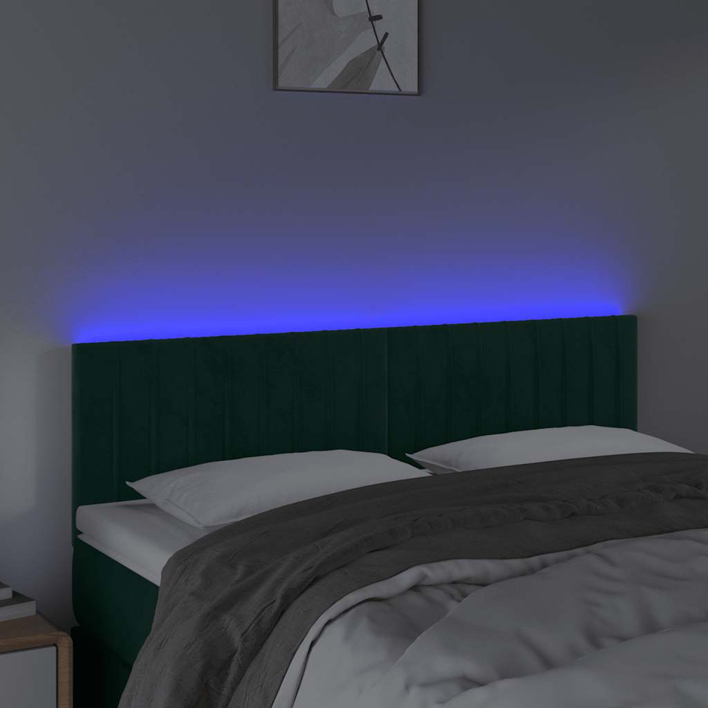 vidaXL Zagłówek do łóżka z LED, ciemnozielony, 144x5x78/88 cm, aksamit