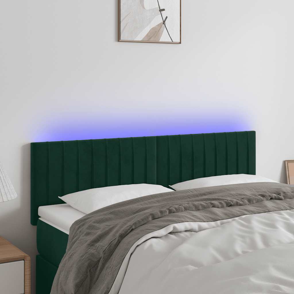 vidaXL Zagłówek do łóżka z LED, ciemnozielony, 144x5x78/88 cm, aksamit